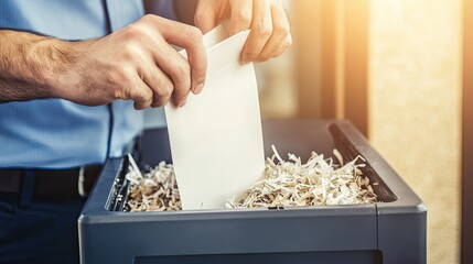 Hands feeding paper into a shredder, with documents piling up beside it, capturing the process of secure document destruction
