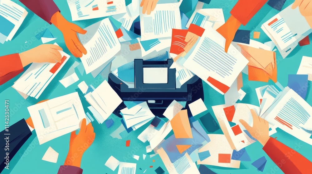 Poster hands feeding paper into a shredder, with documents piling up beside it, capturing the process of se