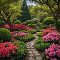 Fototapeta premium A picturesque garden with pathways lined by colorful azaleas.