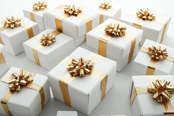 Elegant white gift boxes adorned with gold bows and ribbons on a light background
