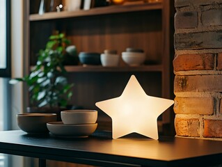 Luminous star-shaped lamp casting warm light on wooden table near exposed brick wall, highlighting vintage kitchenware shelf in cozy interior design setting