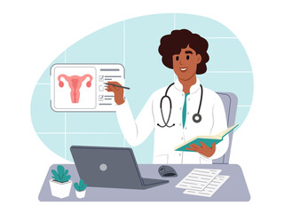 Cervical cancer awareness month. Doctor looks at a cervical health scan on a virtual screen while sitting at a table in a hospital. Diagnosis and treatment of cervical health disease.