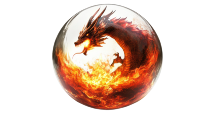 Fiery Dragon Orb: A majestic red dragon, engulfed in flames, is trapped within a translucent sphere.  The intense fire and the dragon's powerful presence create a captivating image.