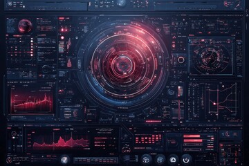 Obraz premium Complex hud interface displaying various data analysis charts, graphs, and a prominent rotating circular element, conveying advanced technology and futuristic data visualization