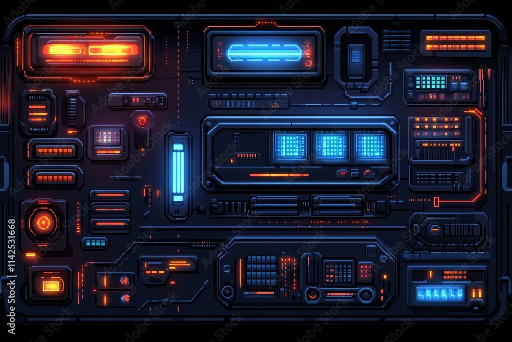 Poster futuristic control panel design with neon lights and high-tech interfaces for sci-fi and virtual rea