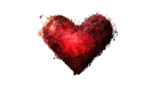 Heart of Fire: A fiery red heart shape formed by a burst of particles, symbolizing passion, love, and intense emotions.  