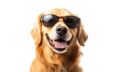 Golden Retriever in Sunglasses: A playful and adorable Golden Retriever dog poses for a close-up portrait while wearing stylish sunglasses.