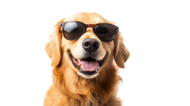 Golden Retriever in Sunglasses: A playful and adorable Golden Retriever dog poses for a close-up portrait while wearing stylish sunglasses.