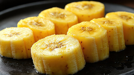 Sliced banana pieces arranged on black plate, showcasing their vibrant yellow color and texture. Perfect for culinary presentations or healthy snacks
