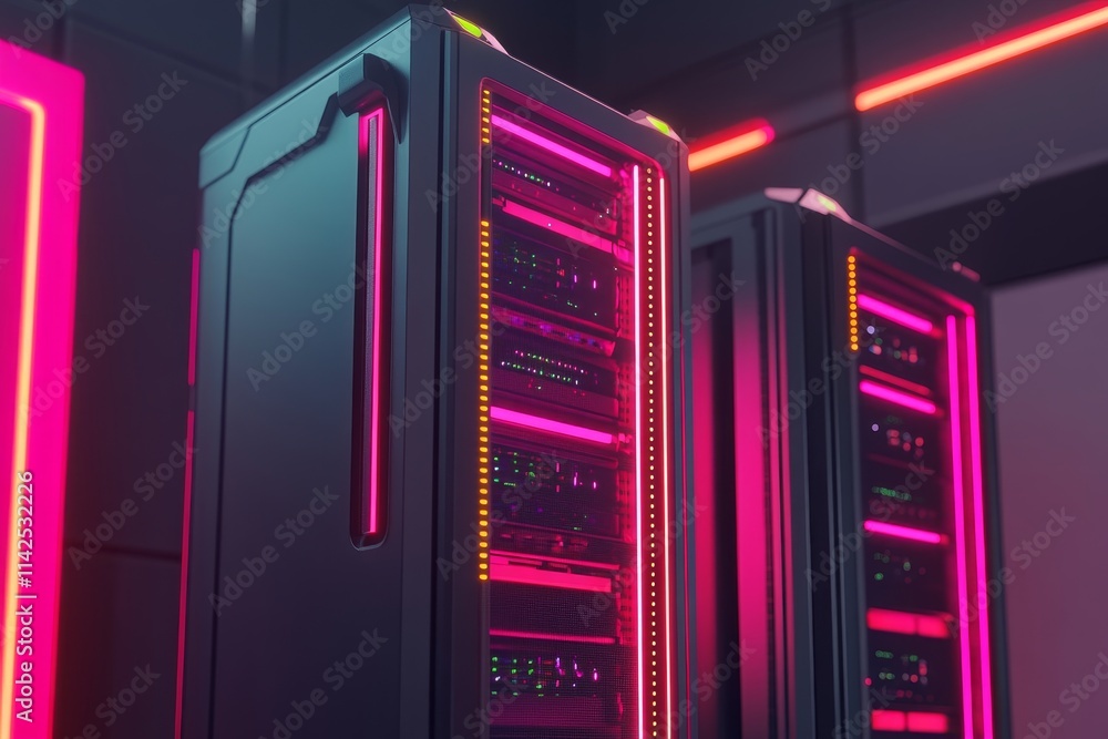 Poster futuristic data center with high-tech servers bathed in neon colors, showcasing advanced technology 
