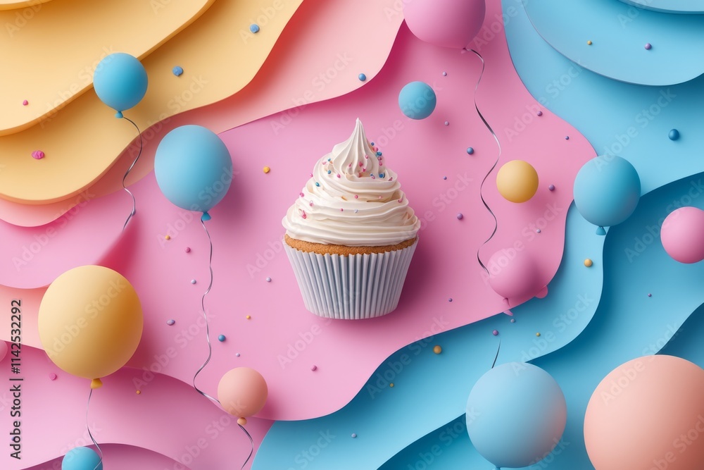 Poster 3d rendering of a cupcake with frosting and sprinkles is surrounded by colorful balloons on a layere