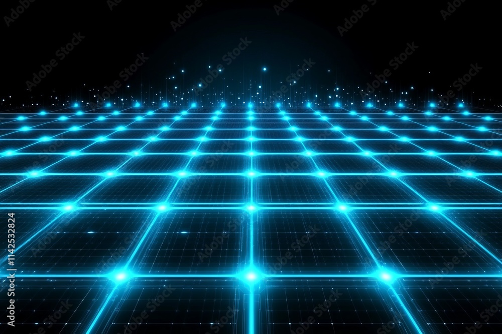 Aufkleber futuristic grid landscape with illuminated blue lines and sparkling particles on a dark background f