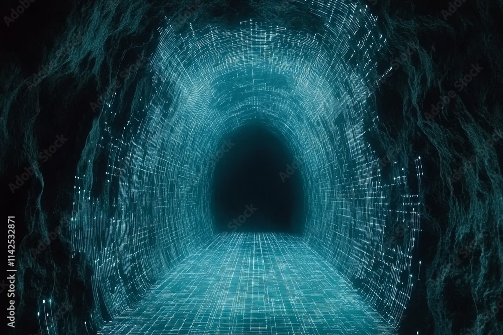Poster futuristic digital tunnel with abstract light patterns and glowing lines representing technology and