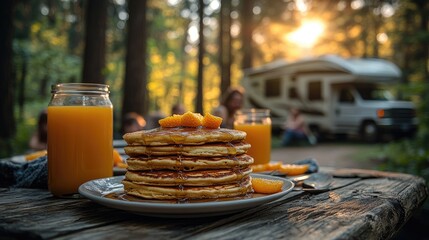 Breakfast table features golden pancakes with syrup and fresh orange juice, set in a peaceful forest with family enjoying their meal