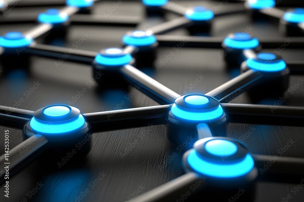 Poster futuristic network visualization with glowing blue nodes on a dark background for modern technology 