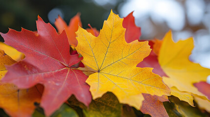 Fototapeta premium Beautiful autumn leaves in shades of red, orange, and yellow create vibrant display of nature colors. intricate details of leaves highlight seasonal change