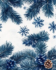 Snowflake and Evergreen Branches Seamless Pattern