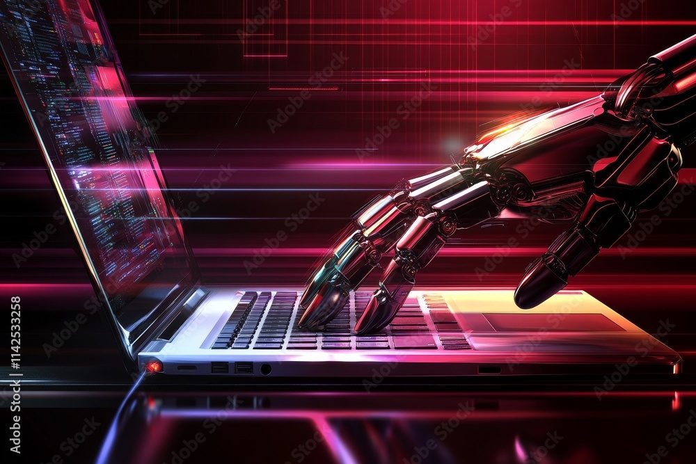 Poster futuristic robot hand interacting with laptop in a high-tech environment representing advanced techn