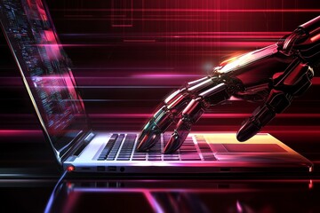 Futuristic Robot Hand Interacting with Laptop in a High-Tech Environment Representing Advanced Technology, Innovation, and Cybersecurity in a Digital Age