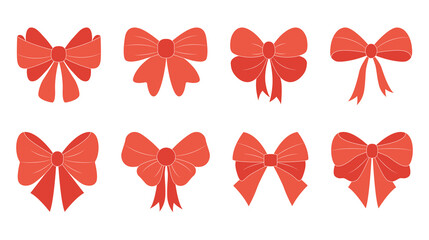 Set of red bow icons. Gift design elements for presents. Vector illustration.