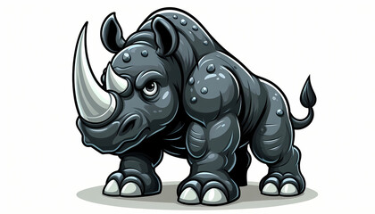 Fototapeta premium A cartoon-style, muscular rhinoceros with an expressive face, set against a pale background.