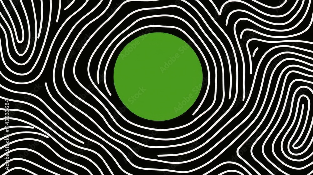 Poster abstract green circle on black background with white line patterns
