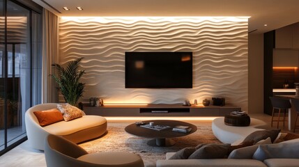 A modern living room with a sleek flat-screen TV mounted on a textured wall, ambient lighting illuminating soft curved furniture, and a cozy area rug in a contemporary setting.