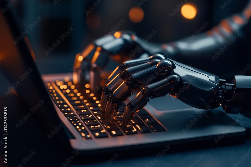 Poster futuristic robotic hands typing on a modern laptop keyboard in a dimly lit workspace, showcasing adv