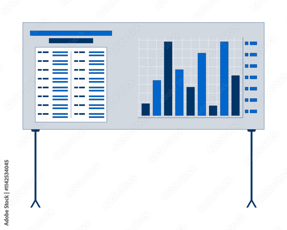 Poster presentation board with bar chart 2d cartoon object. seminar data display. corporate reporting. perf