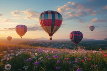 Fototapeta premium Colorful hot air balloons soaring over a vibrant field of wildflowers, creating a breathtaking sunset landscape