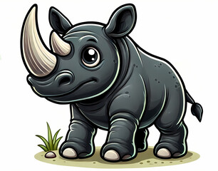 Fototapeta premium Adorable cartoon black rhinoceros with big eyes, standing on grass, showcasing a friendly expression.
