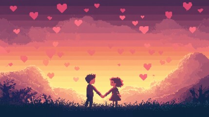 Fototapeta premium Romantic Pixel Art Scene with Silhouettes and Heart Shapes
