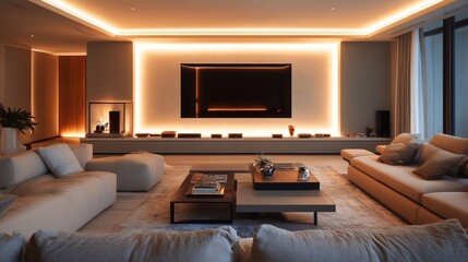 Clean-lined living room with a TV wall surrounded by ambient light strips, soft-edged coffee tables, and plush seating in neutral tones.