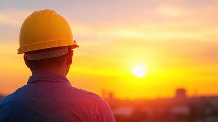 A man wearing a yellow hard hat is looking at the sun