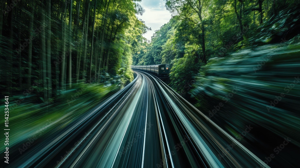 Poster a dynamic view of a high-speed train passing through a dense forest, with motion blur adding to the 