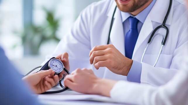 A doctor and nurse checking a patient’s blood pressure and discussing health monitoring results in a clinical setting 