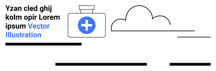 Obraz premium Medical kit with blue cross, cloud outline, and black text. Ideal for healthcare, emergency services, medical websites, hospital ads, educational materials, mobile apps, and wellness. Landing page