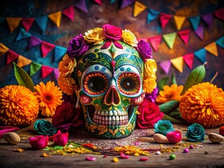 Fototapeta premium Dia de los Muertos Skull Frame, Colorful Sugar Skull Photography, Mexican Holiday Photo