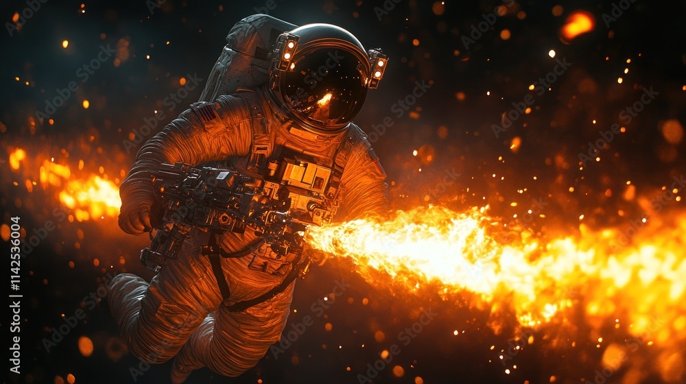 Poster astronaut floating in space with a flamethrower.