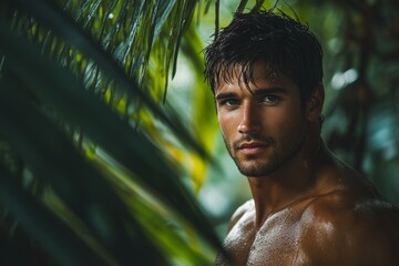 Muscular model posing near palm trees in a tropical forest