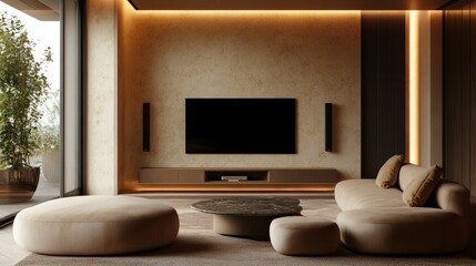 Minimalist living room with an elegant media center, a television, ambient lighting details, and rounded seating in earthy tones