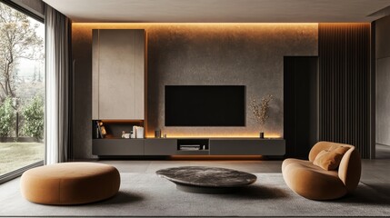 Minimalist living room with an elegant media center, a television, ambient lighting details, and rounded seating in earthy tones