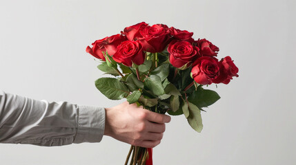 A young man's hand offers a bouquet of roses with a handwritten note. on an isolated white background, object focused, png, stock image, hd quality