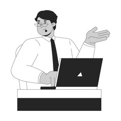 Shrugging arab man office worker typing laptop at desk black and white 2D line character. Middle eastern male employee working notebook isolated vector outline person. Monochromatic spot illustration