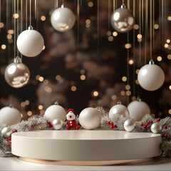 A festive display featuring circular platform adorned with silver and white ornaments, surrounded by decorative greenery and red berries. background is softly illuminated with warm bokeh lights, creat