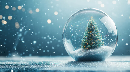 A beautiful snow globe featuring decorated Christmas tree surrounded by falling snowflakes creates magical winter scene. soft glow of lights adds to festive atmosphere
