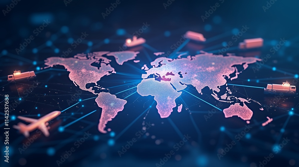 Poster A Stunning Visual Representation of Real-Time Data Displays Featuring Routes, Cargo Tracking Icons, and Illuminated Connections Between Global Cities for Enhanced Navigation and Logistics Management