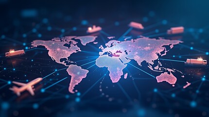 A Stunning Visual Representation of Real-Time Data Displays Featuring Routes, Cargo Tracking Icons, and Illuminated Connections Between Global Cities for Enhanced Navigation and Logistics Management
