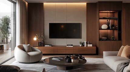Sophisticated living room featuring a clean-lined TV console, ambient light sources, soft curved chairs, and contemporary decor elements.