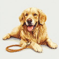 Pixel Art Golden Retriever Resting with Leash on White Background - Playful and Engaging Digital Illustration